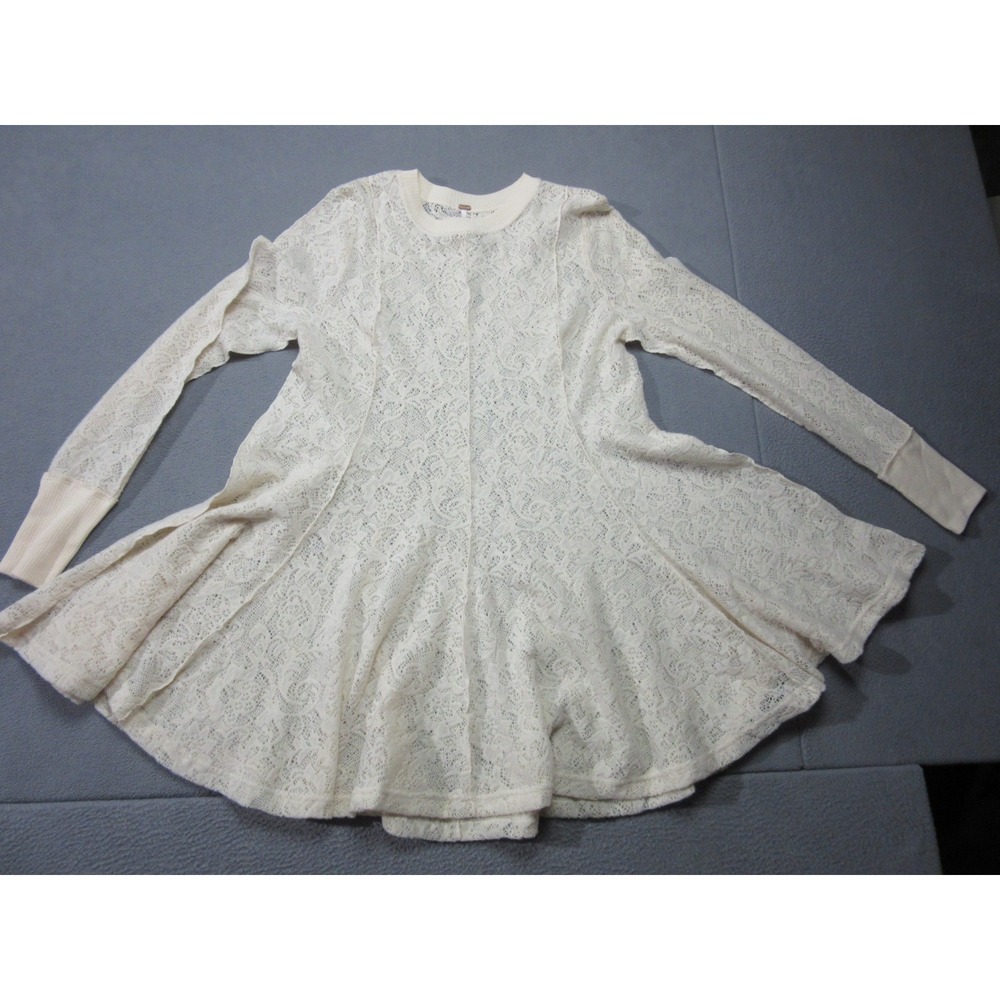 Free People Dress Womens Large Ivory White Lace Floral Mini Knit Long Sleeve